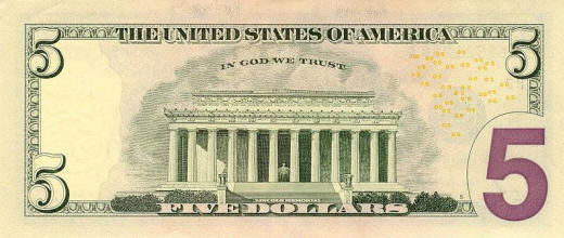 photo of back of new five dollar bill American money bank note US dollar 