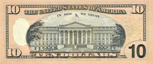photo of back of new ten dollar bill American money bank note US dollar 