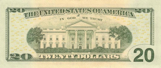 photo of back of new twenty dollar bill American money bank note US dollar 