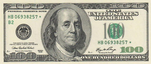 photo of front of new one hundred dollar bill American money bank note US dollar 