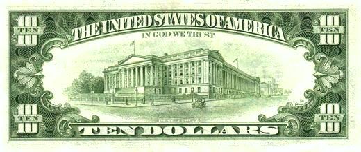 Ten US Dollars, Front and Back of Ten Dollar Bill, American Money Banknote