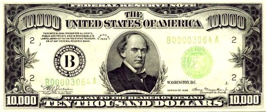 Front of Ten Thousand US Dollars, Ten Thousand Dollar Bill $10,000.00 Front