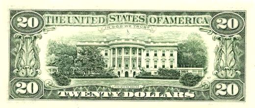 Twenty US Dollars, Front and Back of Twenty Dollar Bill, American Money Banknote